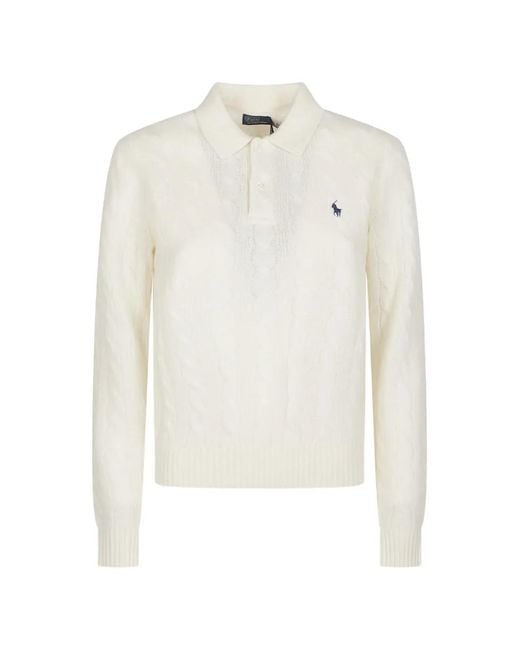 Polo Ralph Lauren White Cable-Knit Polo-Collar Sweater