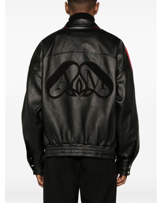 Alexander McQueen Black Striped Leather Biker Jacket for men