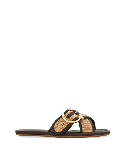Ferragamo Brown Double Strap Gancini Ornament Slides