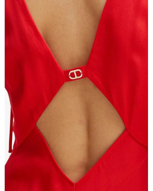 Twinset Maxi-Jurk Met Watervalhals En Franje Afwerking in het Red
