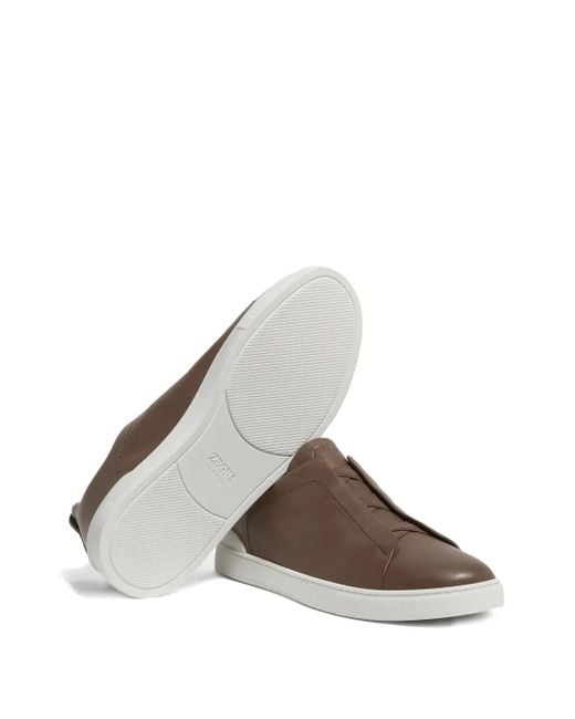 Zegna Brown Triple Stitch Secondskin Leather Sneakers for men