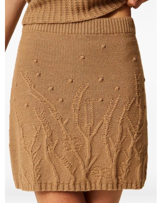 Twinset Natural Floral-Embroidered Knitted Mini Skirt