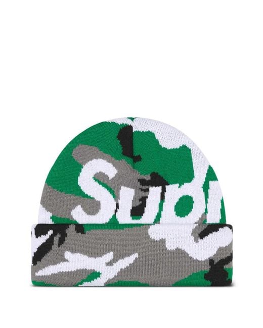 Supreme Green Camouflage Logo Beanie Hat for men
