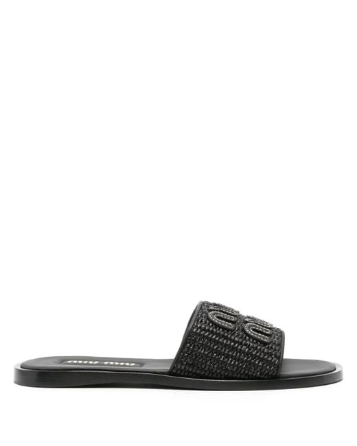 【関税無・国内発】 MIU MIU / Raffia-Effect Logo Slides Miu Miu logo-patch Raffia Slides | Neutrals | FARFETCH