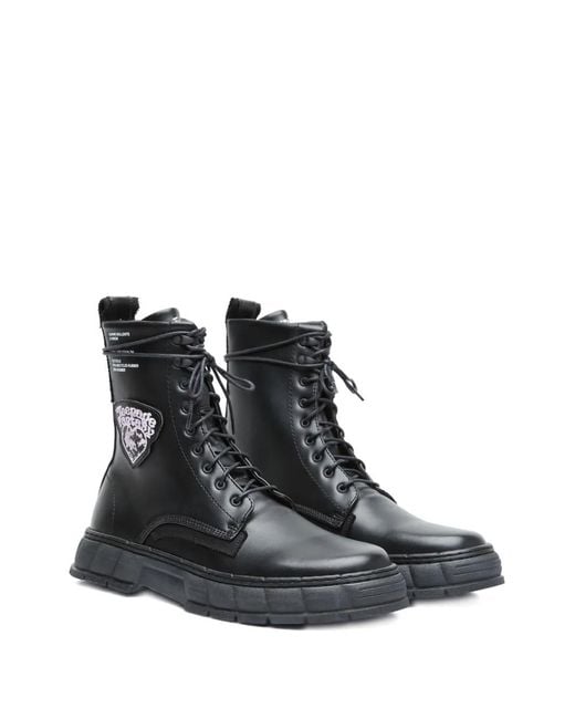 Viron Black Patch Lace-Up Boots