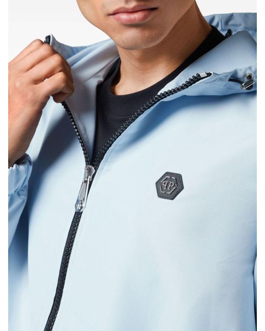 Philipp Plein Blue Logo-patch Hooded Windbreaker for men