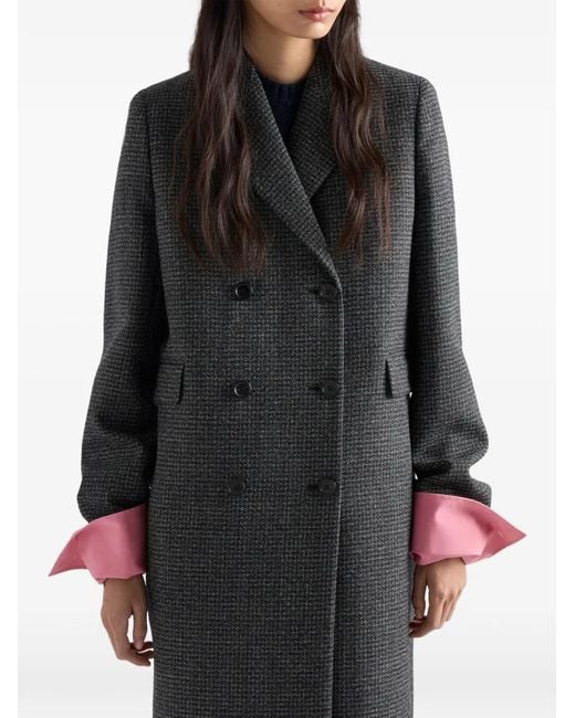 Prada Black Double-Breasted Gingham-Checked Mouliné Wool Coat