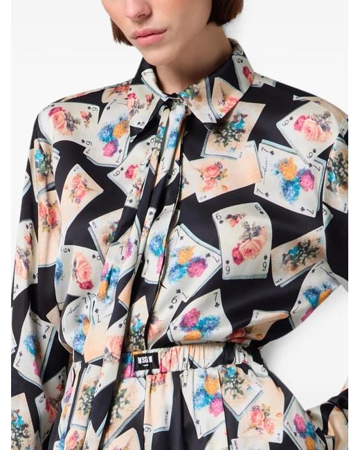 MSGM White Playing-Card-Print Pussy-Bow Blouse