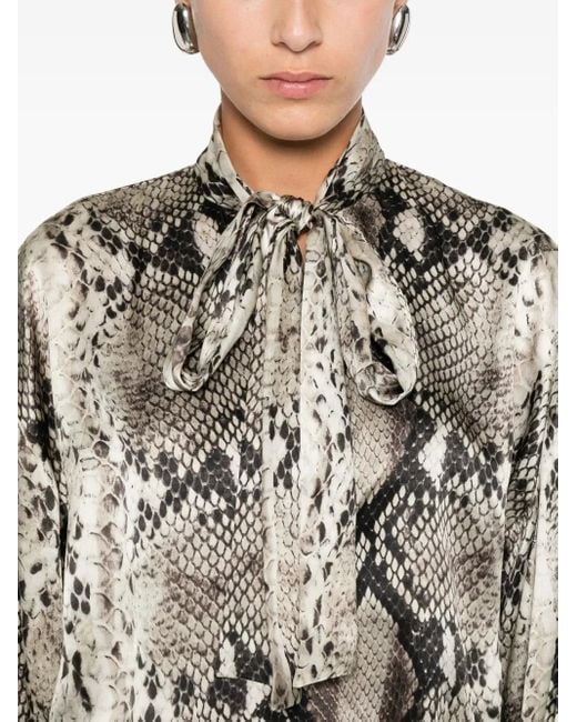 Roberto Cavalli Natural Snakeskin-Print Tie-Neck Blouse