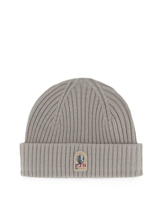 Parajumpers Gray Logo-Patch Ribbed Beanie Hat for men