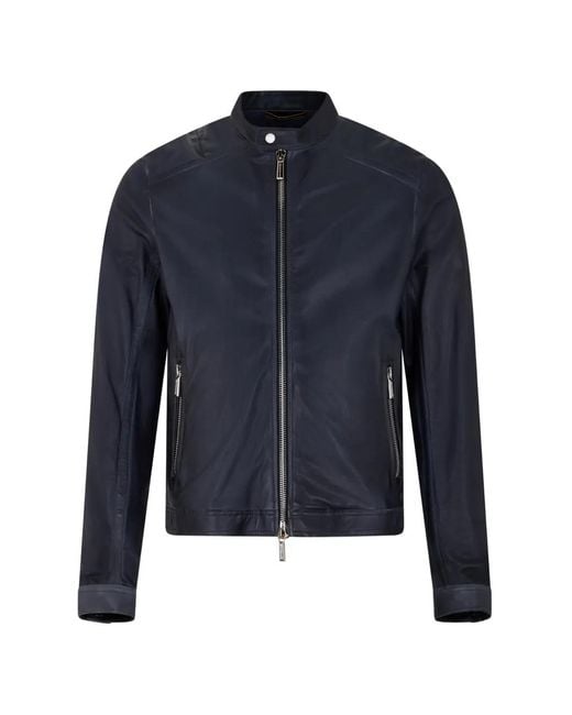 Moorer Blue Zip Collar Leather Jacket for men