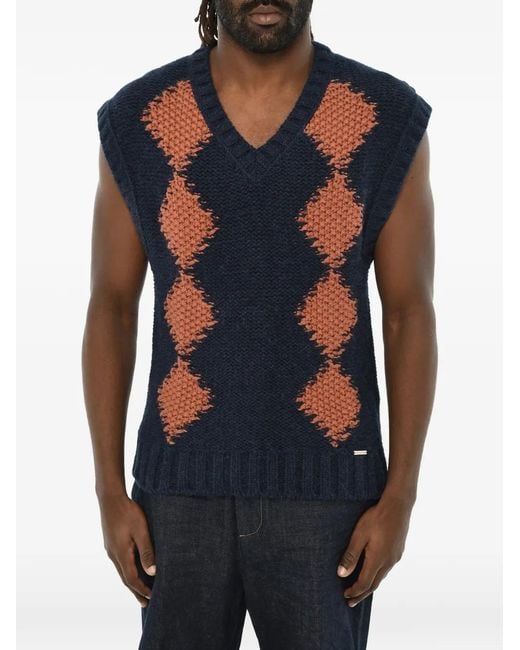 DSquared² Blue Argyle-Knit V-Neck Sweater for men