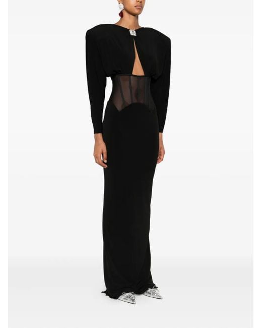 Nissa Black Padded-Shoulder Panel-Insert Maxi Dress