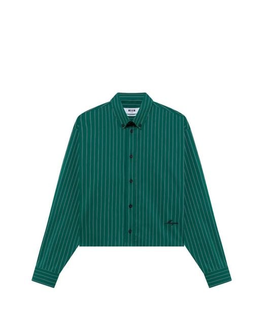 MSGM Green Pinstripe-Pattern Cropped Shirt for men