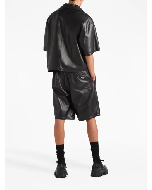 Prada Black Triangle-Logo Leather Bermuda Shorts for men
