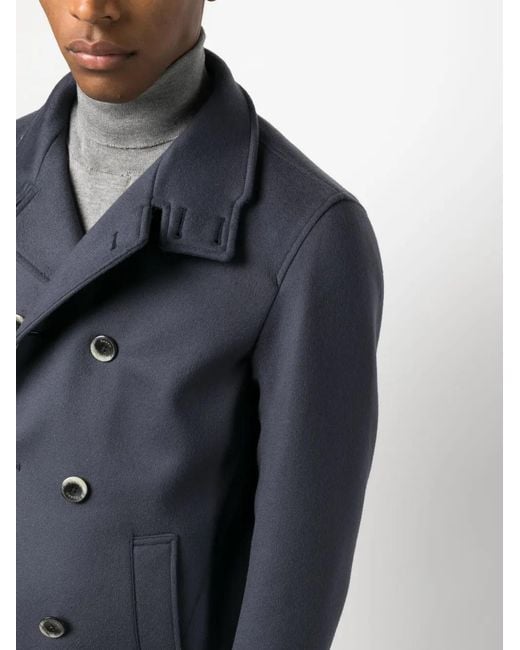 Herno Blue Double-Breasted Wool-Cashmere Coat for men