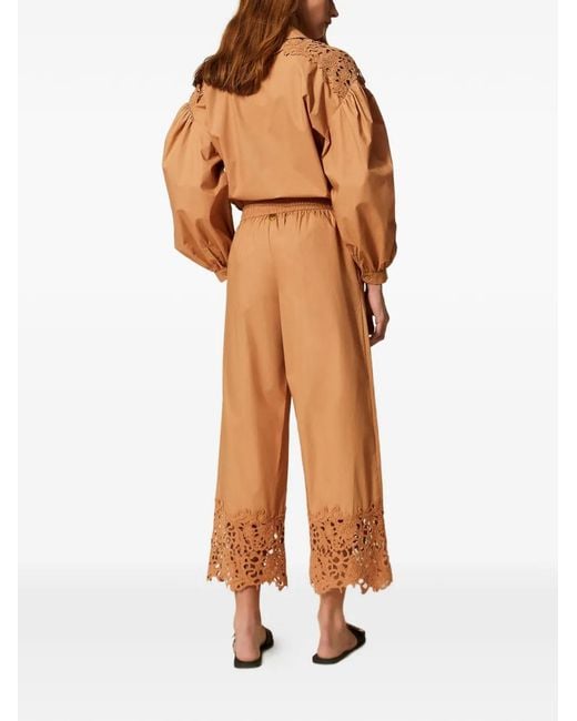 Twinset White Pantalon Ample En Popeline Avec Macramé