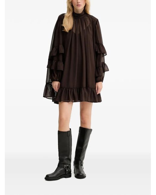 faux leather dresses with sleeves Black Faux Leather Scallop Detail Short Ruffle Sleeve Dress main image 1