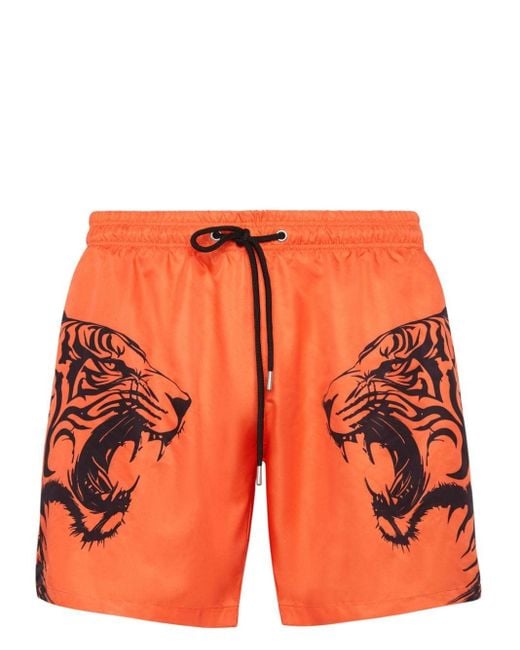 Philipp Plein Orange Tiger-print Swim Shorts for men
