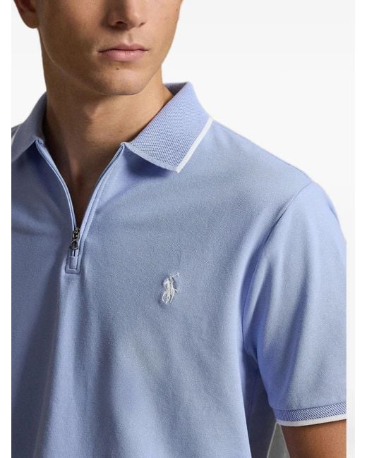 Polo Ralph Lauren Blue Zip-Neck Logo-Embroidered Polo Shirt for men