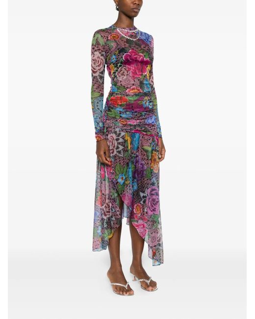 Area Pink Floral-Print Asymmetric Midi Dress