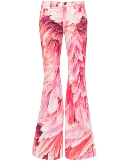 Roberto Cavalli Pink Plumage-print Flared Jeans