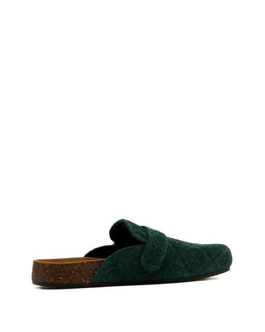 Tory Burch Green Logo-Buckle Flat Mules