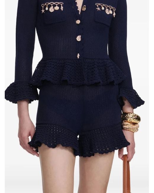 Self-Portrait Blue Crochet Ruffled Shorts