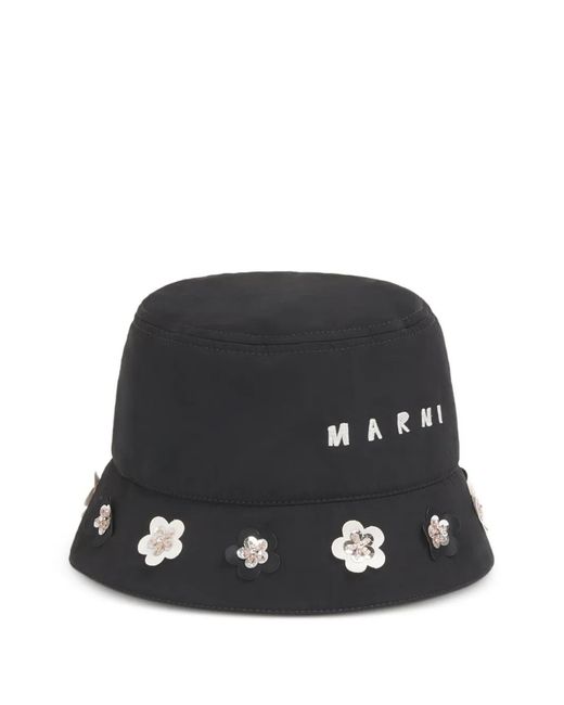 Marni Black Taffeta Bucket Hat With Daisy Appliqués