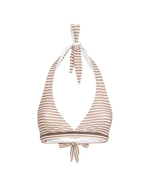 Brunello Cucinelli White Striped Techno Jersey Bikini Top With Precious Trim