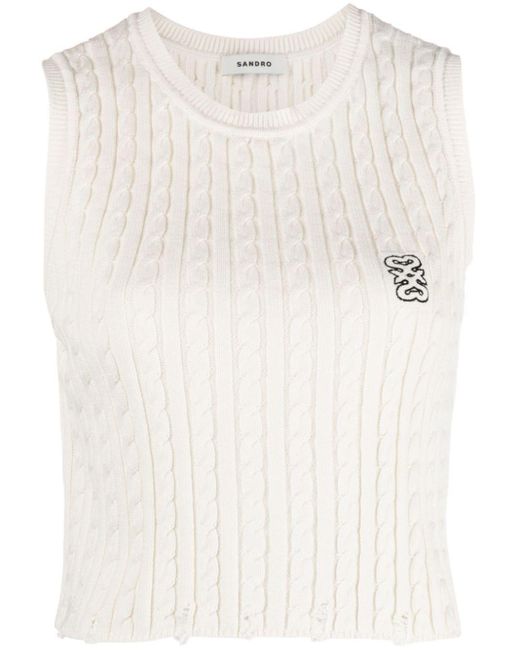 Sandro Natural Logo-embroidered Cable-knit Vest Top
