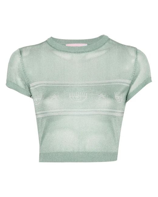 Chiara Ferragni Green Eyelike-Motif Metallic Cropped Jumper