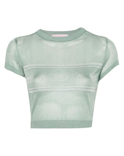 Chiara Ferragni Green Eyelike-Motif Metallic Cropped Jumper