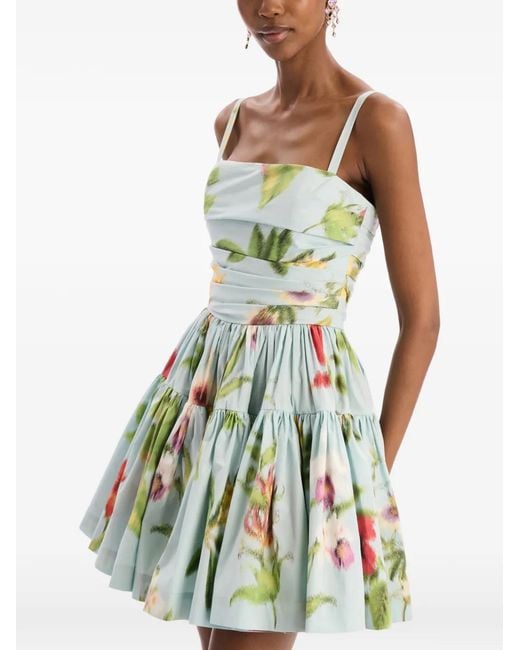 Oscar de la Renta Green Chiné Dominican Mixed-Floral Cotton Poplin Tiered Dress