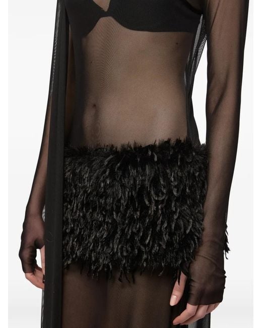 Atu Body Couture Black Feather-Panel Scarf-Detail Gown
