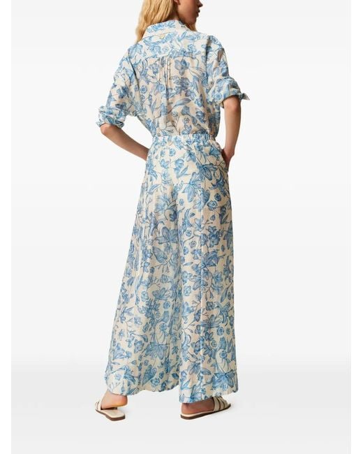 Twinset Blue Floral-Print Palazzo Trousers