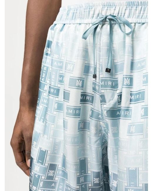 Amiri Blue Pattern-Logo-Printed Silk Shorts for men