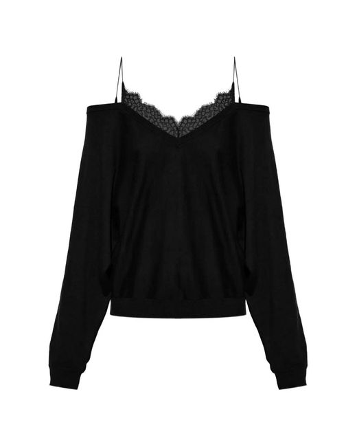 IRO Black Ivoire Lace-Trim Cold-Shoulder Sweater