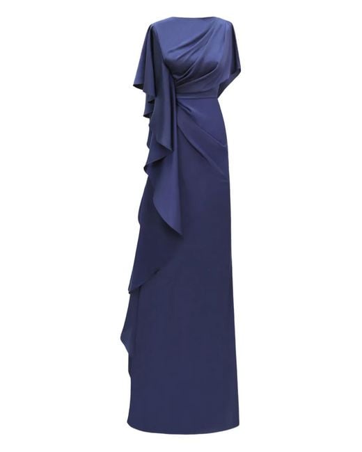 Gemy Maalouf Blue Draped Ruffled Gown