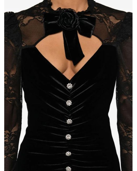 Nissa Black Crystal-Detail Velvet Midi Dress