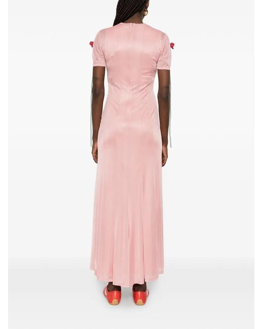 Moschino Pink Floral Appliqué Midi Dress With Short Sleeves
