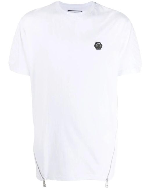 Philipp Plein White Logo-Patch Zipped T-Shirt for men