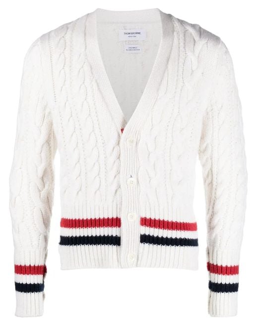Thom Browne White Rwb Cable-Knit V-Neck Cardigan for men