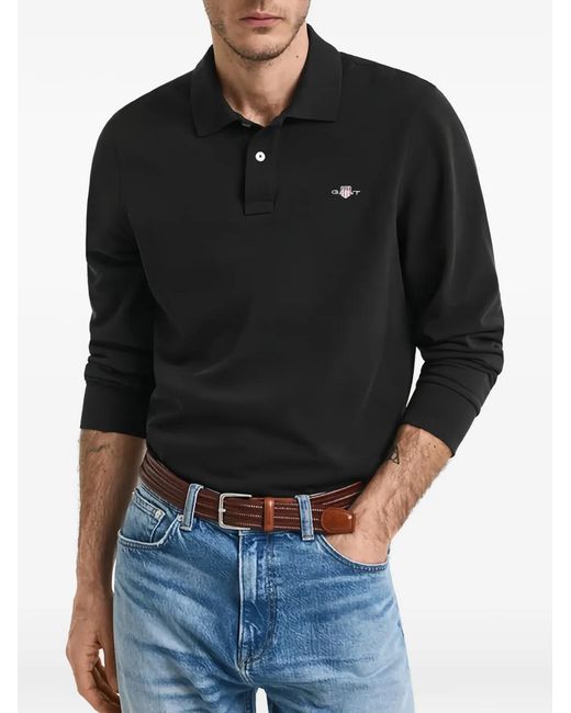 Gant Black Long-Sleeve Pique Rugby Polo Shirt for men