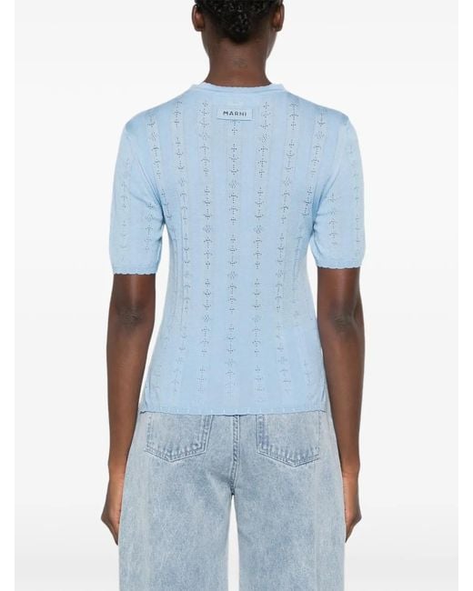Marni Blue Bow-Detail Pointelle-Knit T-Shirt