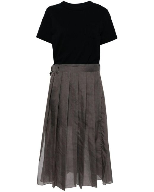 Sacai Black Layered Pleated Midi Dress