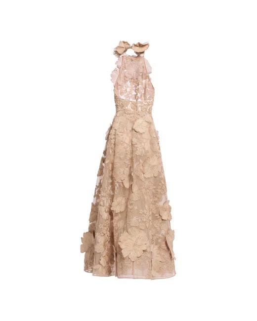 Elie Saab Natural Raffia-Embroidered Tulle Maxi Dress