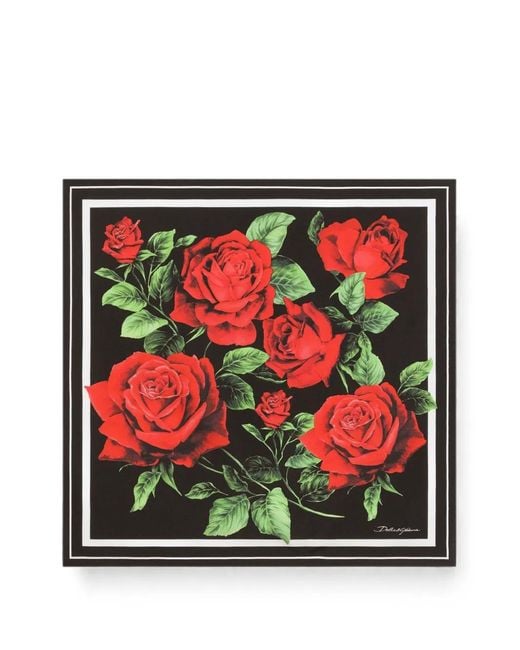 Dolce & Gabbana Red 50X50 Rose-Print Silk Twill Scarf