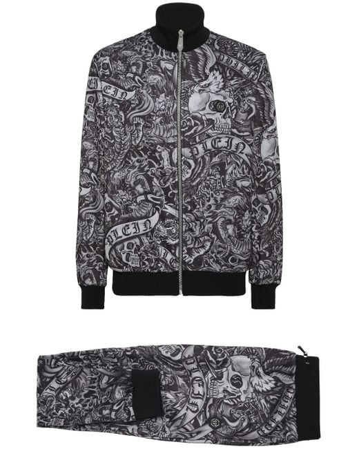 Philipp Plein Gray Tattoo All Over-print Tracksuit Set for men