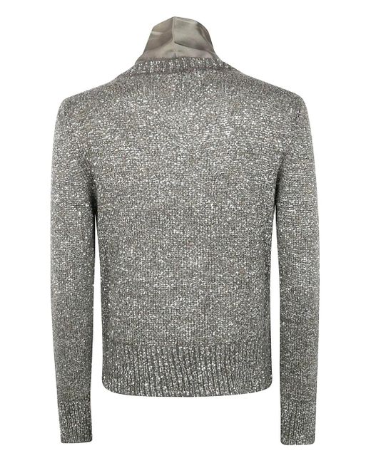 D.exterior Gray Sequin-Embellished Tie-Neck Sweater